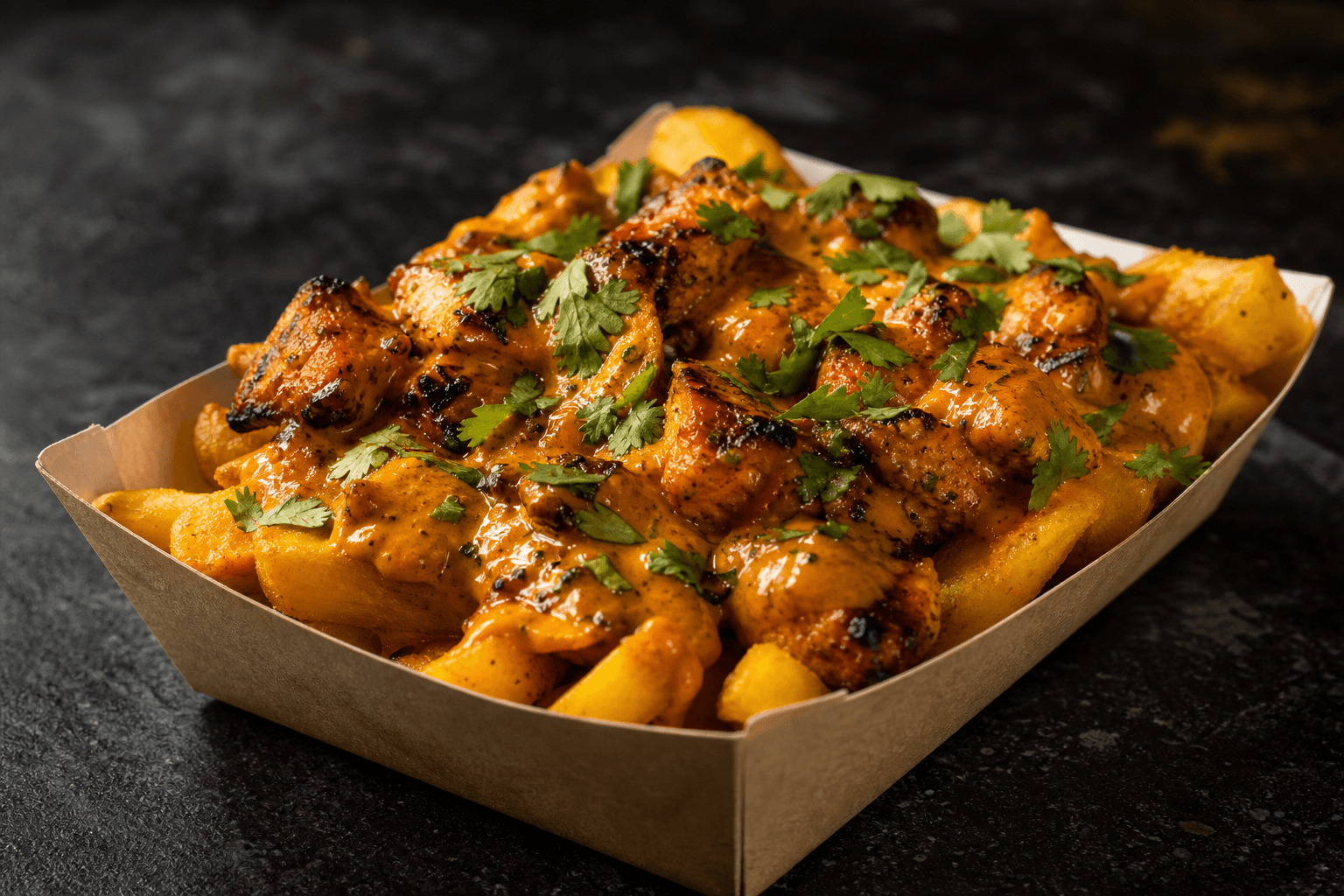 Loaded fries topped with Punjabi curry at Punjabi Bytes