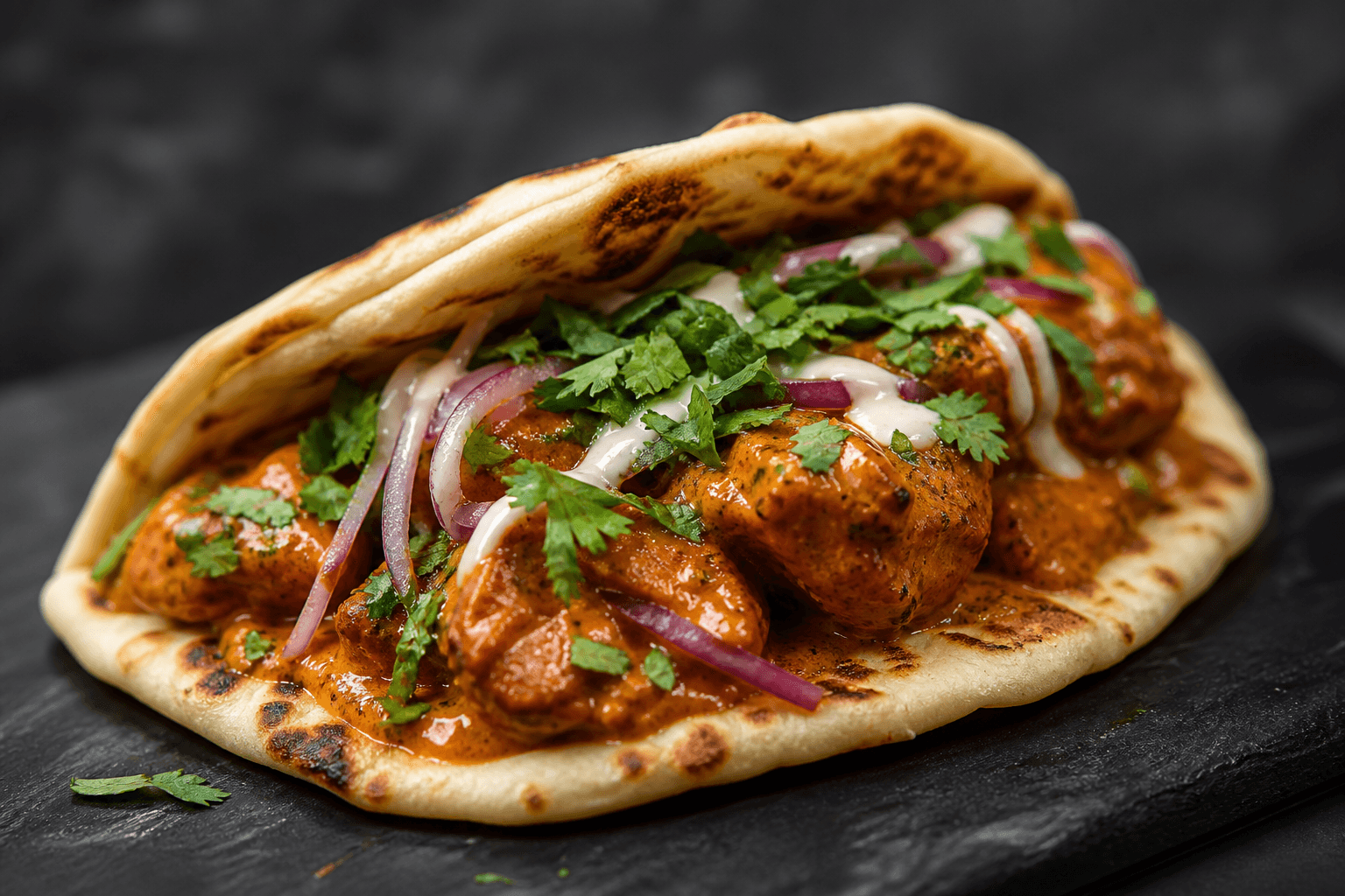 Cheesy naan taco filled with Punjabi curry at Punjabi Bytes