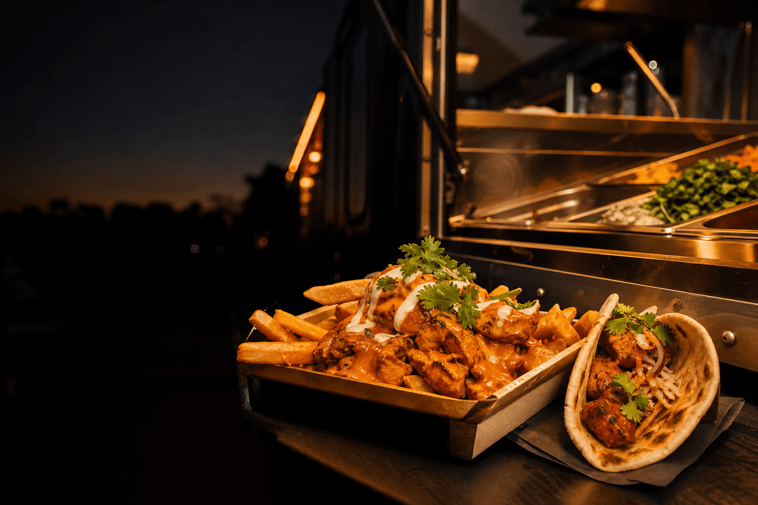 Punjabi Bytes food trailer lit up at night in Woodridge